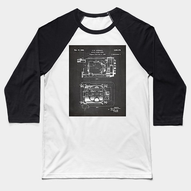 Film Camera Patent - Movie Lover Cinema Student Art - Black Chalkboard Baseball T-Shirt by patentpress